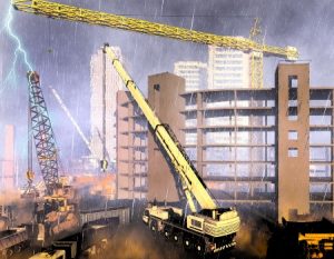 construction site in rain storm
