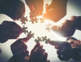 Close up image of eight hands in a circle, each one holding a jigsaw puzzle piece