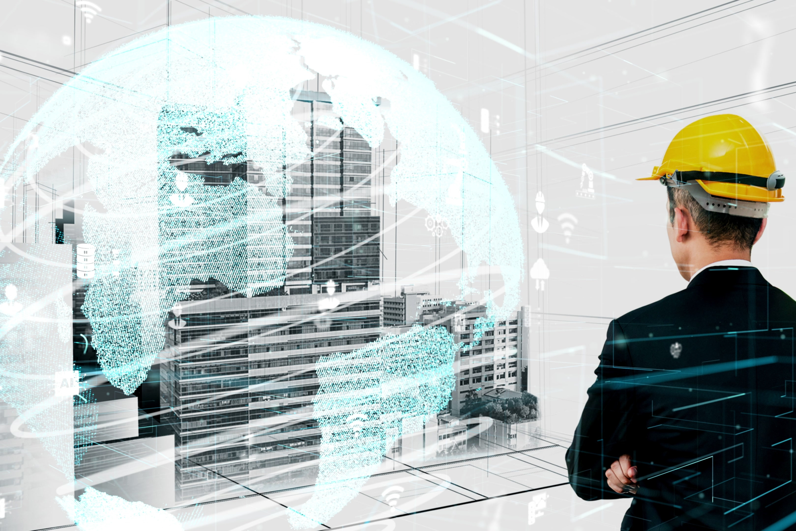 Man wearing a hard hat looking at a futuristic scene of a city, overlaid with an image of the planet Earth