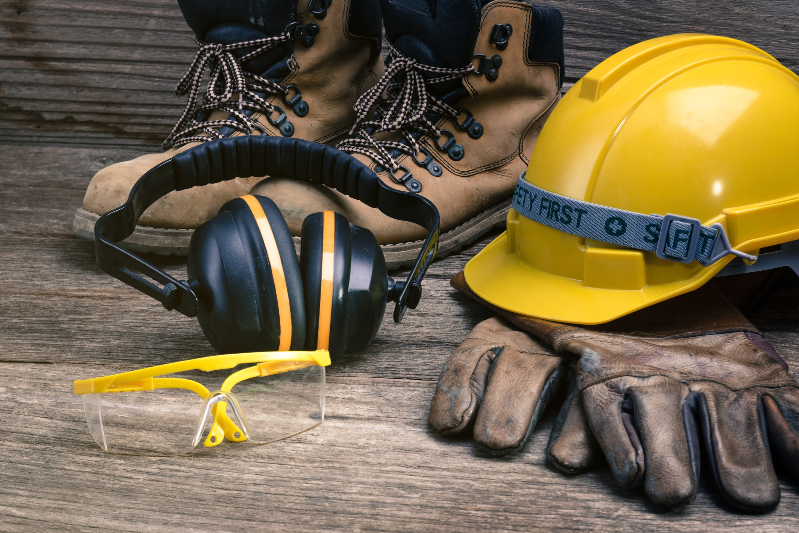 Image showing several items of PPE including a hard hat, gloves, ear defenders and safety glasses