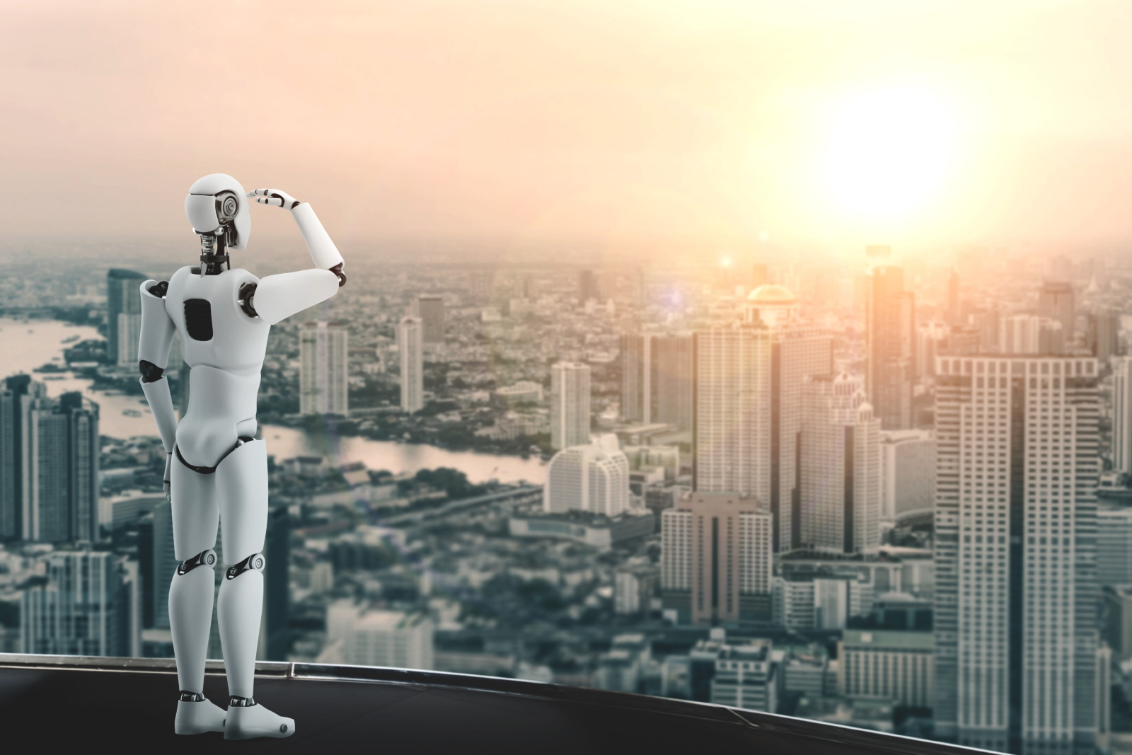 Image of a robot (humanoid-style) looking over a cityscape