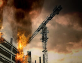 Image showing a building on a construction site with a fire blazing and a crane over it.