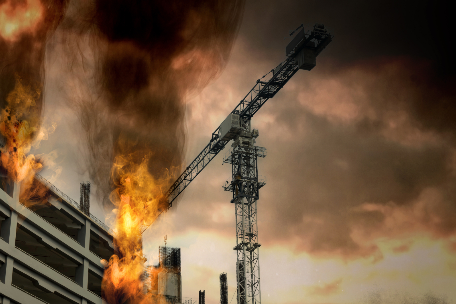 Image showing a building on a construction site with a fire blazing and a crane over it.