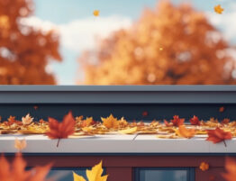 Image of a roof with orange and red autumn leaves and trees in the background (AI generated)