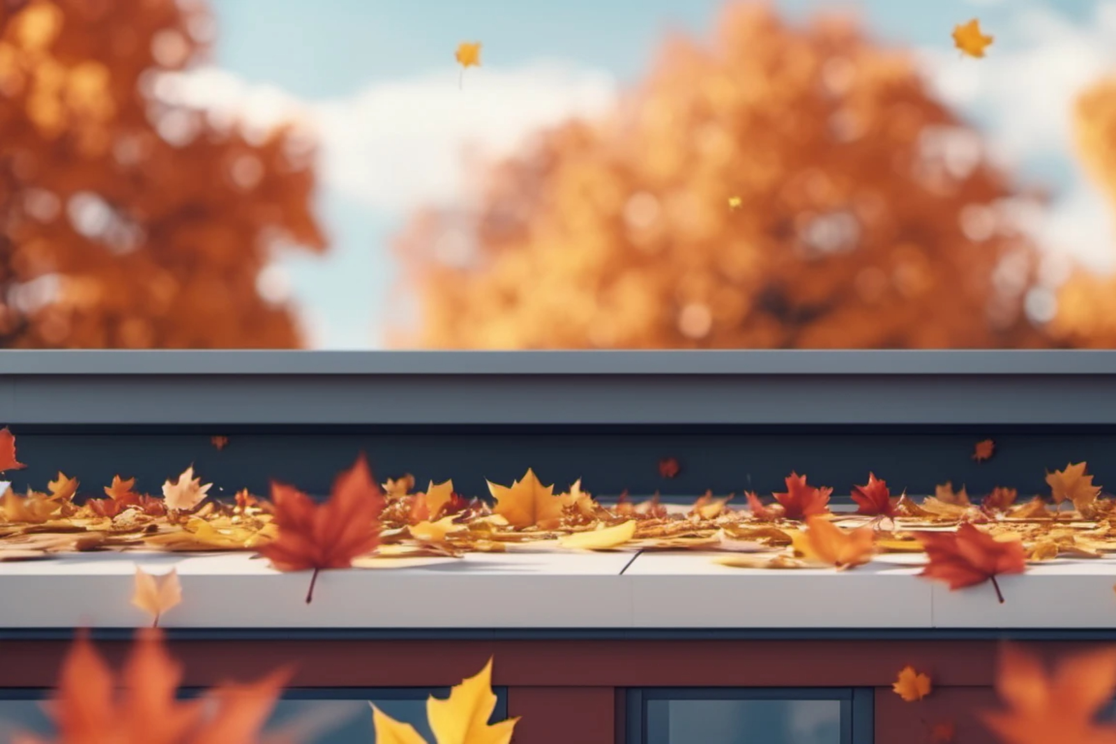 Image of a roof with orange and red autumn leaves and trees in the background (AI generated)