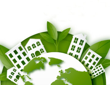 Decorative image to represent eco housing, showing the planet earth with six buildings going aroudn the curve of the earth and a green ring around the earth featuring leaves.