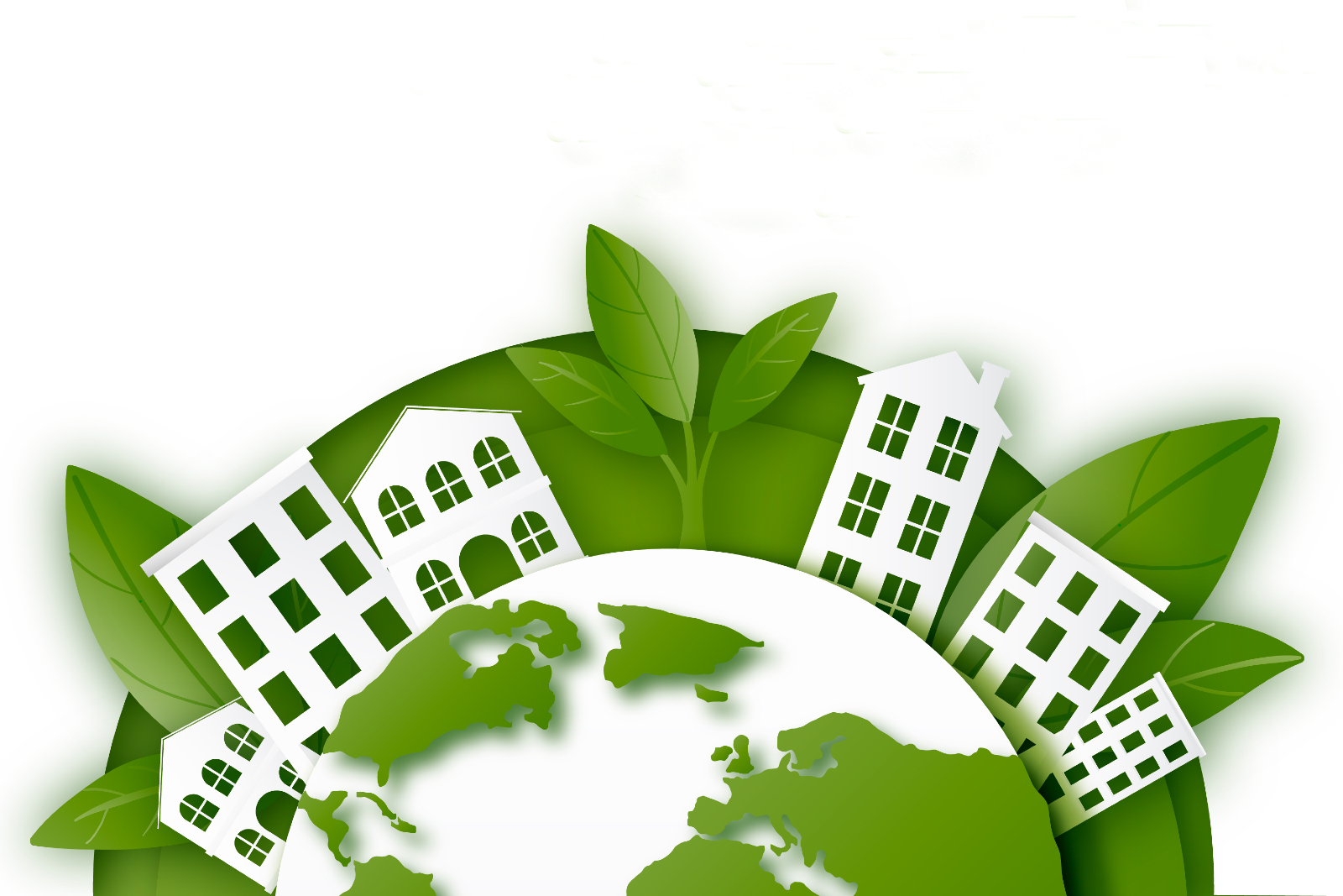 Decorative image to represent eco housing, showing the planet earth with six buildings going aroudn the curve of the earth and a green ring around the earth featuring leaves.