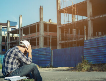 Image of a man on a construction site, sitting down with his head in his hands, looking stressed.