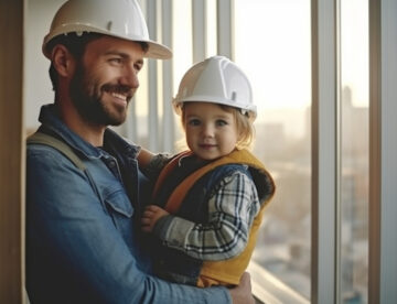 Image of a construction worker holding a young child, set against a backdrop that looks out of the window on a development site.