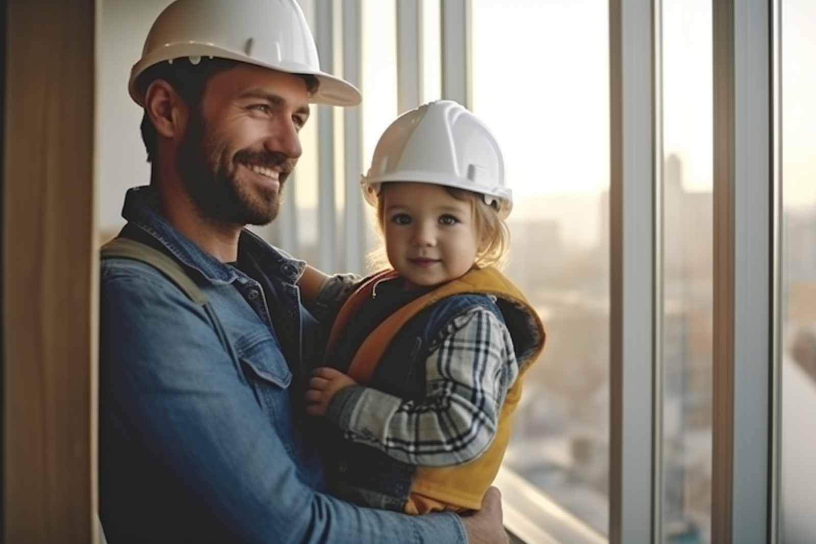 Image of a construction worker holding a young child, set against a backdrop that looks out of the window on a development site.