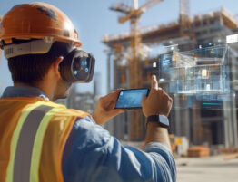 Image showing a construction worker using a headset, holding up a phone with augmented reality data floating in front of him and a construction building that he's looking towards.