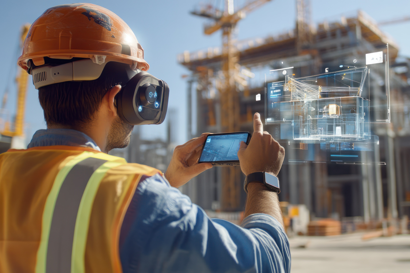 Image showing a construction worker using a headset, holding up a phone with augmented reality data floating in front of him and a construction building that he's looking towards.