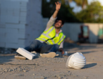 Slightly blurred image showing a construction worker lying on the ground, with a fallen brick on his foot. His hand is raised as if calling for help.