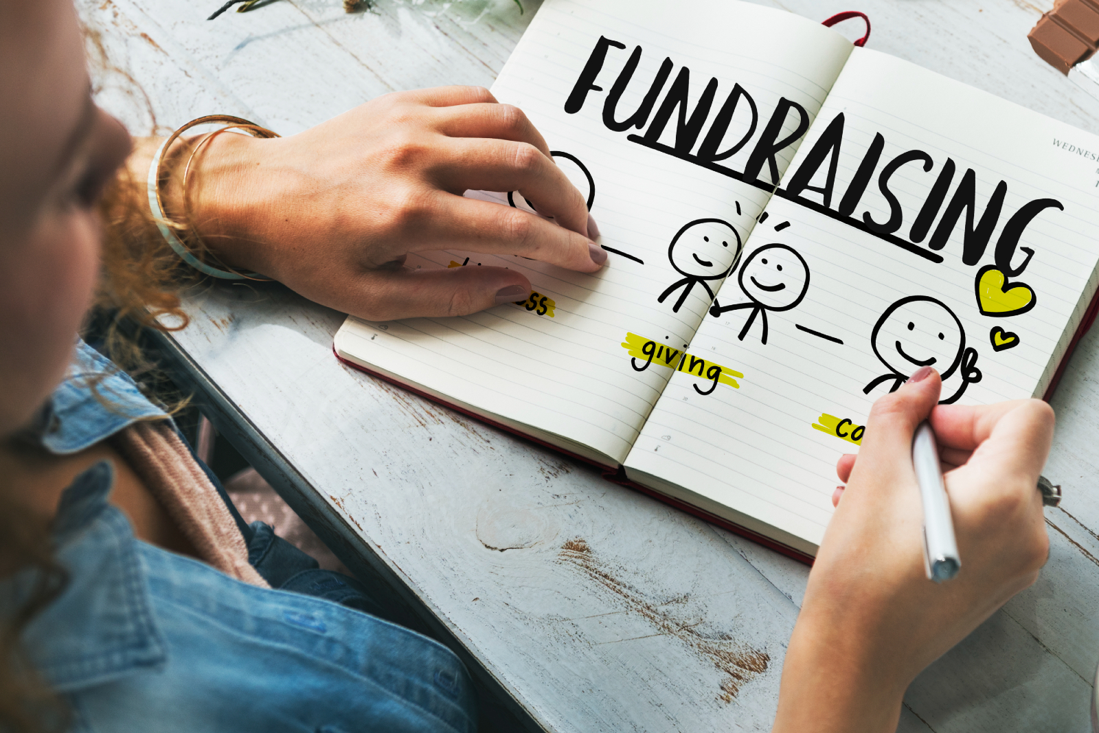 Close up of a woman working on a fundraising plan in a notebook