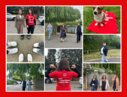 Collage-style image showing several members of Sheriff Construction's office team walking. Some people are wearing British Heart Foundation tops and there is also an image of a dog joining the walks