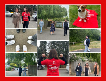 Collage-style image showing several members of Sheriff Construction's office team walking. Some people are wearing British Heart Foundation tops and there is also an image of a dog joining the walks
