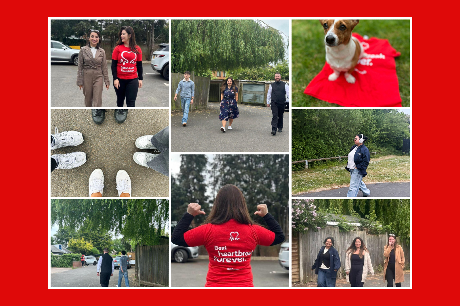 Collage-style image showing several members of Sheriff Construction's office team walking. Some people are wearing British Heart Foundation tops and there is also an image of a dog joining the walks