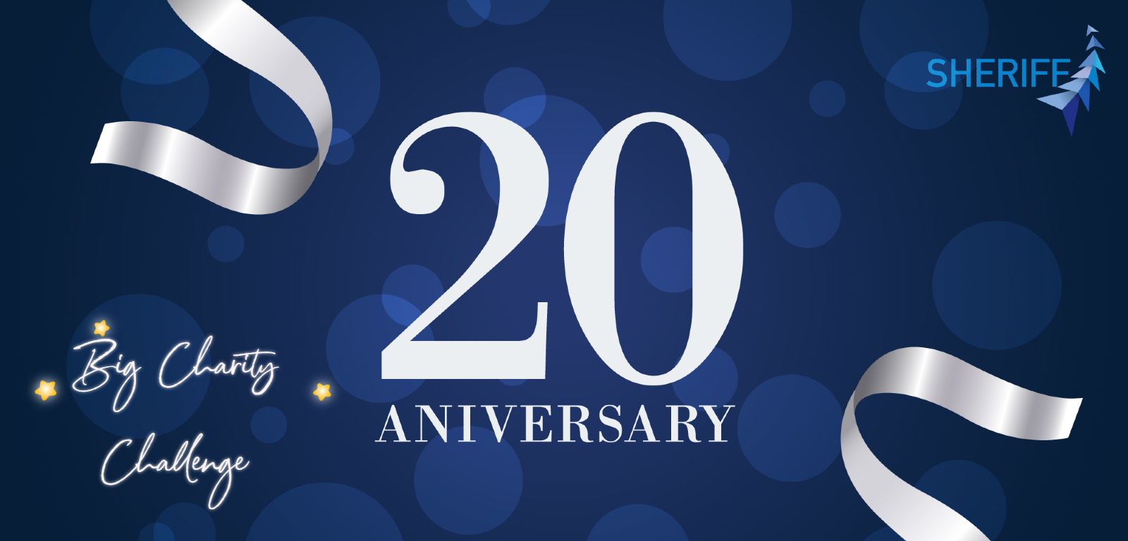 Blue banner with the words '20 Anniversary'  and 'Big Charity Challenge' and ribbons in a silvery white