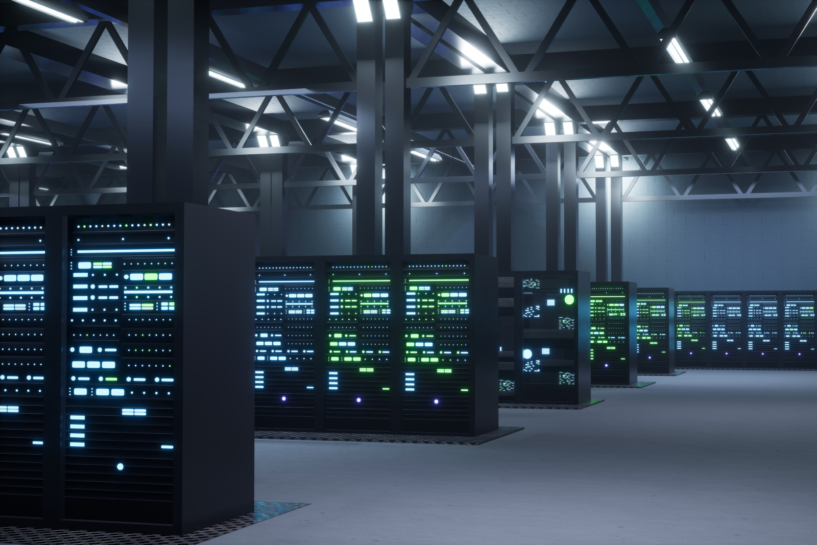 Inside a data centre with rows of servers