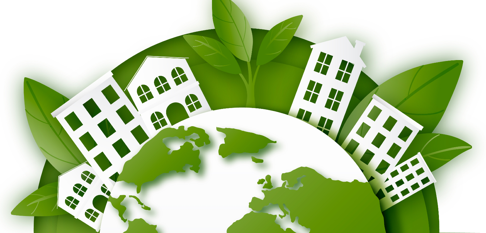 Drawing of planet Earth with houses on top of it, all in white and green