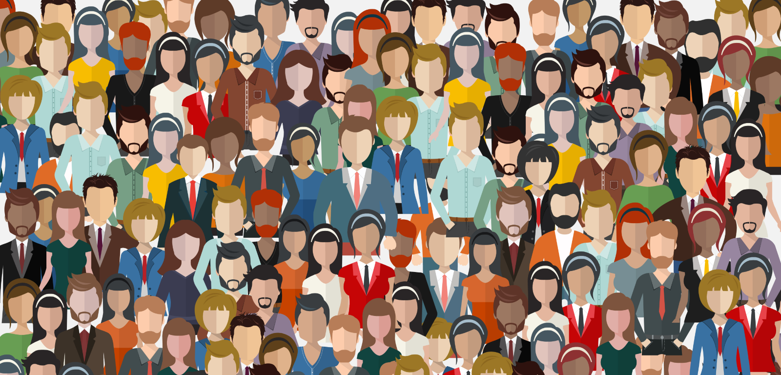 Cartoon showing lots of diverse people looking forwards