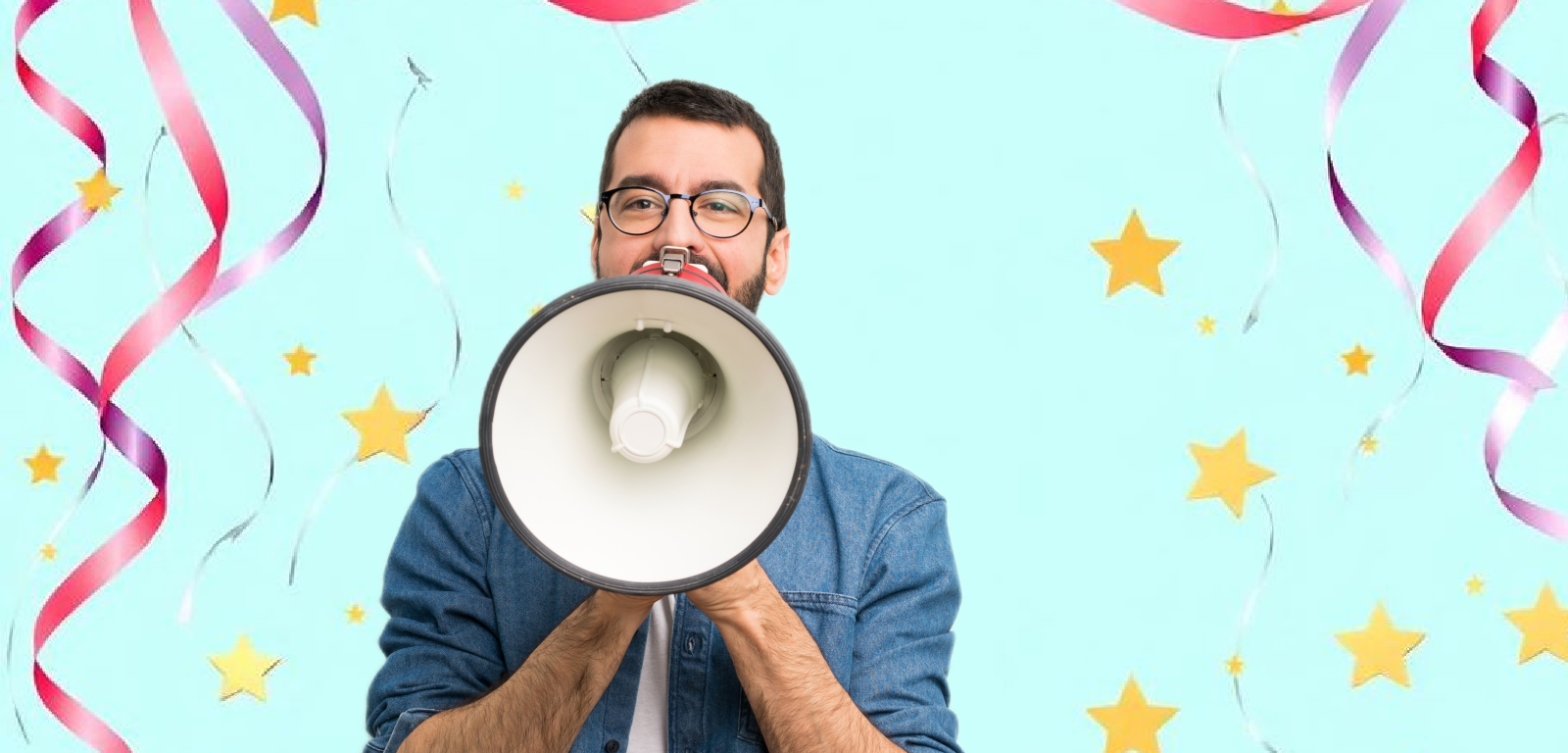 Man with a loudspeaker on a blue backdrop with ribbons and stars