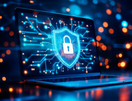 An open laptop with a big padlock image on its screen plus network pathways all in shades of blue to represent cyber security