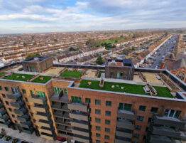 Aerial view of a roofing project (*featuring green roofing and other forms of flat-roofing) with a city background
