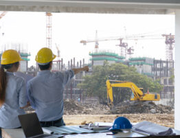 Two construction professionals looking over a busy construction site
