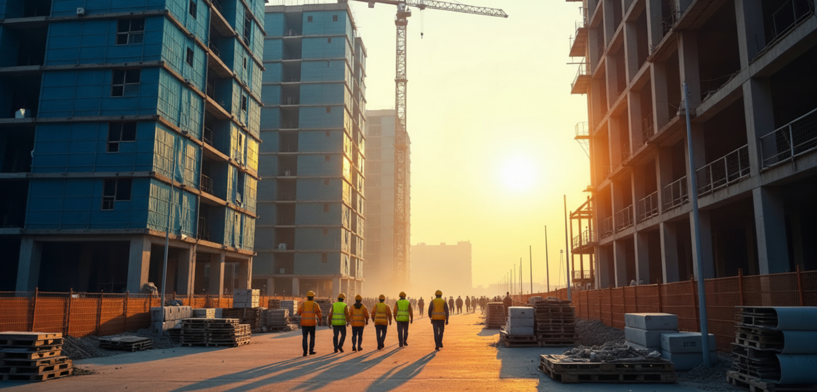 Construction site with lots of workers walking towards the sunset