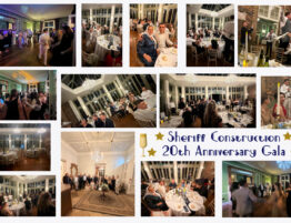 Collage showing several images from the gal - people at tables, a speech being given, dancing and entertainment