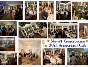 Collage showing several images from the gal - people at tables, a speech being given, dancing and entertainment