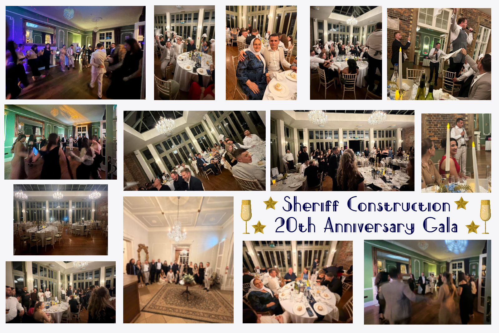 Collage showing several images from the gal - people at tables, a speech being given, dancing and entertainment
