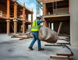 Construction worker on site lifting a heavy bag of materials