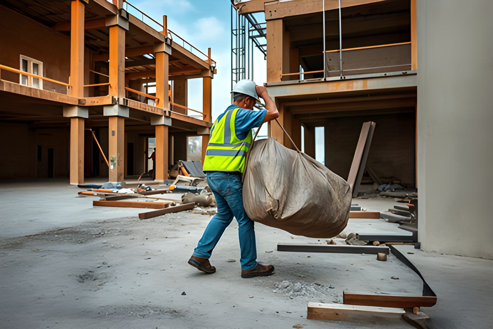 Construction worker on site lifting a heavy bag of materials