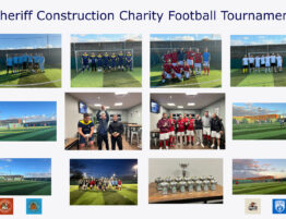 Collage of images from Sheriff's Charity Football Tournament showing all the teams, on the pitch moments and the trophy presentation