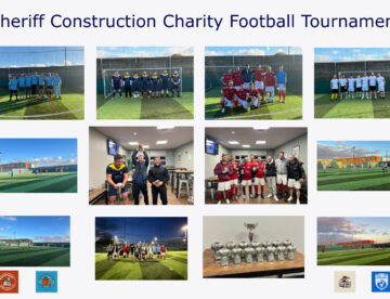 Collage of images from Sheriff's Charity Football Tournament showing all the teams, on the pitch moments and the trophy presentation