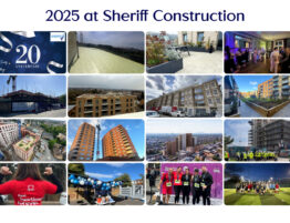 Collage showing 16 images from Sheriff Construction's 2025 including construction site pictures and people participating in the 20th year celebrations and fundraising activities.