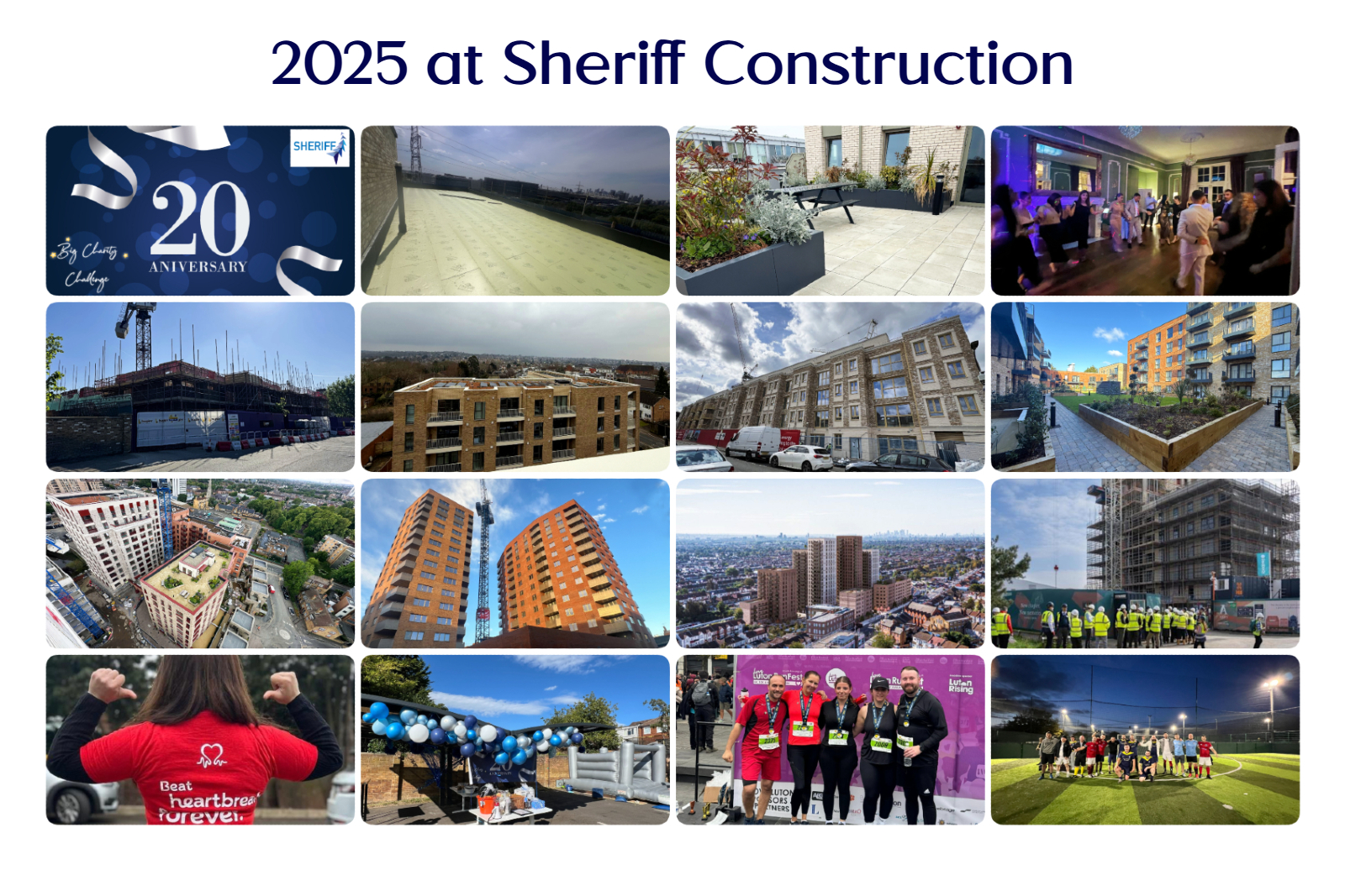 Collage showing 16 images from Sheriff Construction's 2025 including construction site pictures and people participating in the 20th year celebrations and fundraising activities.