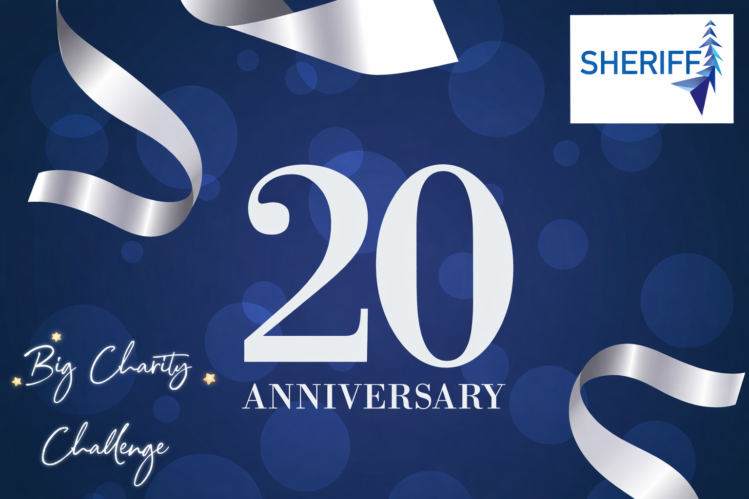 Graphic with wording expressing Sheriff's Big Charity Challenge and 20th Anniversary in silver on a blue background
