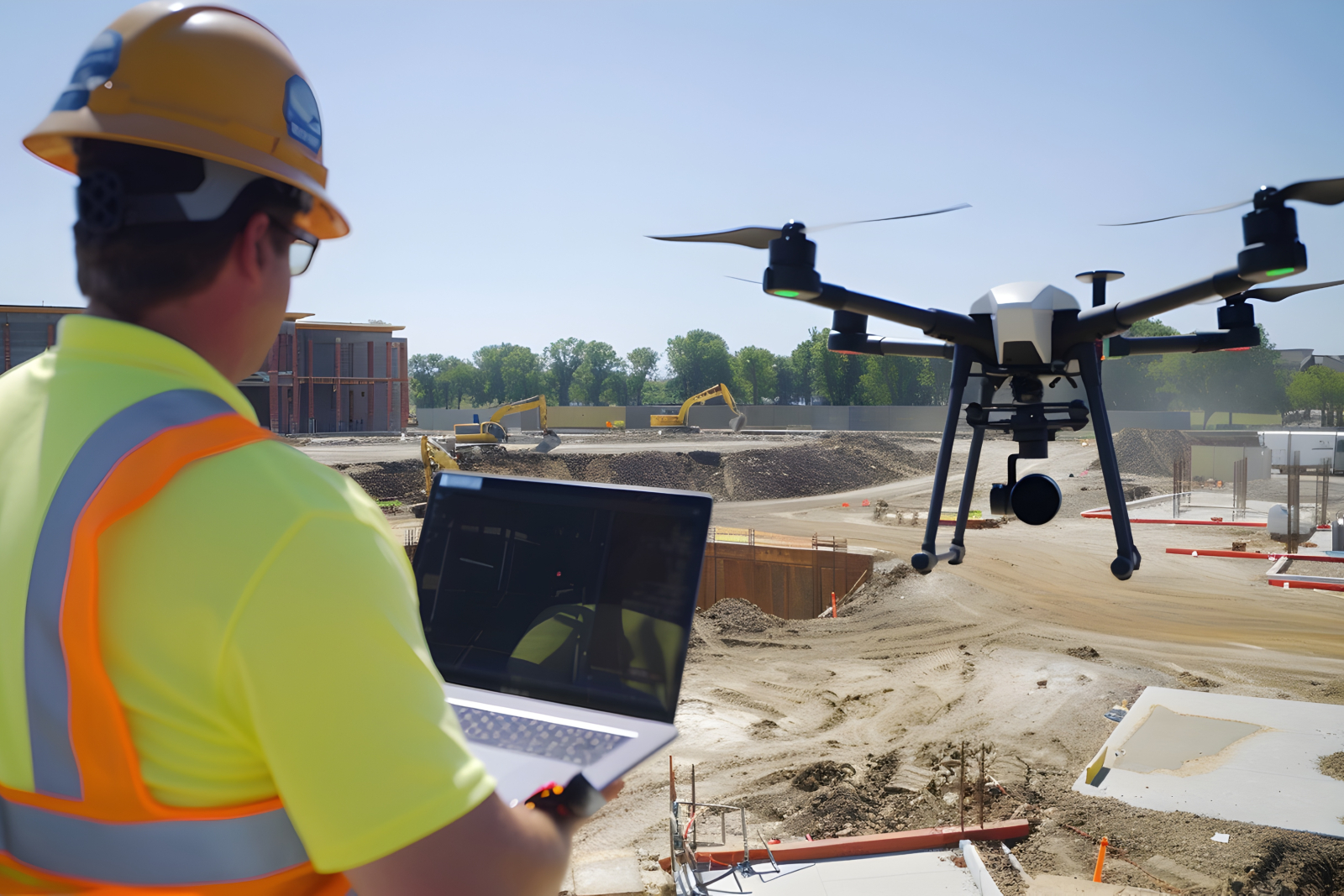 Construction worker on site using a drone and looking at a laptop, representing technology-related careers in construction