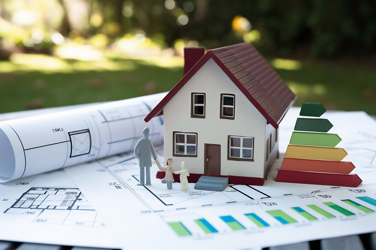 Model of a house with model people set on top of building plans and scale for energy efficiency