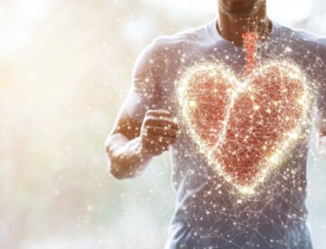 Close up of a man with a heart image superimposed over his t-shirt