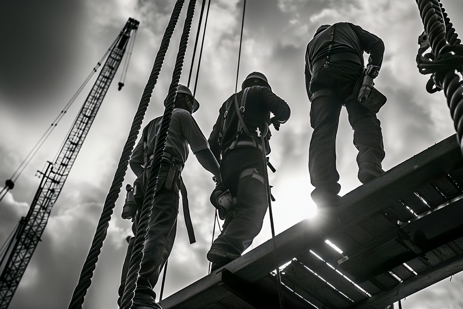 Black and white image showing three construction workers on an elevated platform with harnesses (to represent working from heights)