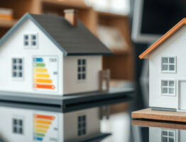 Two model houses on a work surface with one showing an energy efficiency rating card. Both models are reflected in the shiny surface. An office environment is blurred in the background.
