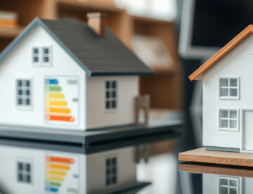 Two model houses on a work surface with one showing an energy efficiency rating card. Both models are reflected in the shiny surface. An office environment is blurred in the background.