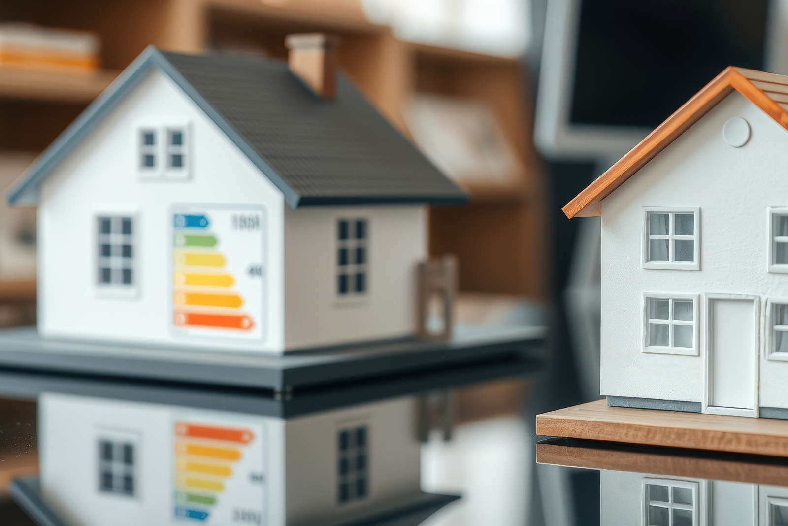 Two model houses on a work surface with one showing an energy efficiency rating card. Both models are reflected in the shiny surface. An office environment is blurred in the background.