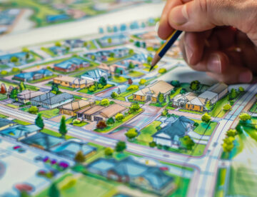 Image showing a hand holding a pencil above a set of town planning drawings, with some of the buildings having a 3D appearance