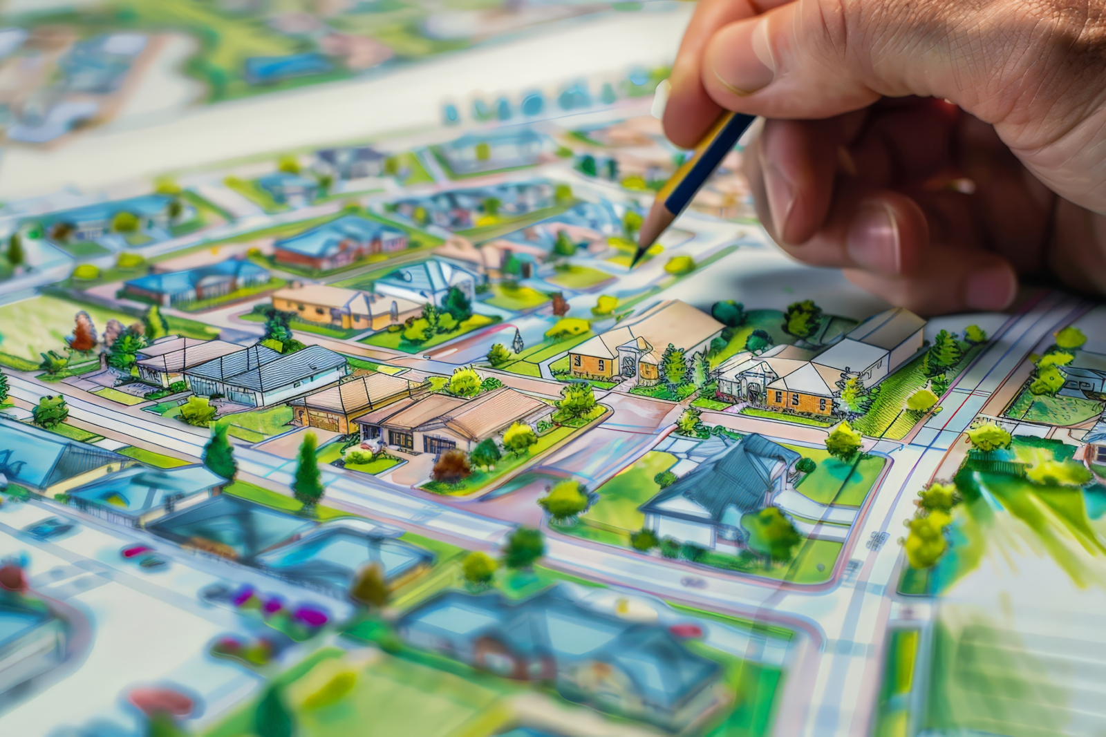 Image showing a hand holding a pencil above a set of town planning drawings, with some of the buildings having a 3D appearance