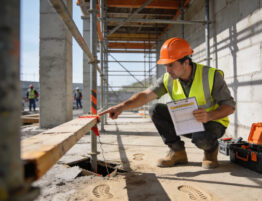 Construction worker on site, crouched down, pointing at a worn plank of wood over a hole in the ground, holding a clipboard. Representing a near miss being identified on site.